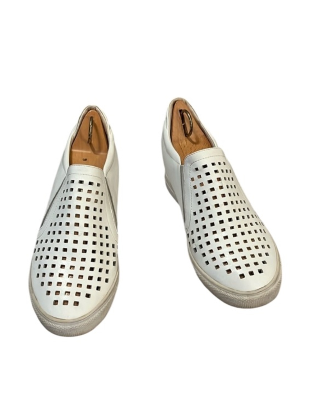 White Wedge Leather Perforated Womens Slip On Sneakers Sz 7.5